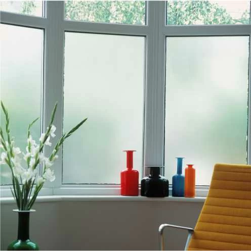 frosted window film for a bay window in a living room
